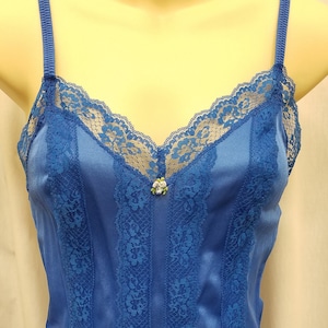 RARE Vintage 1970s Lady Cameo of Dallas Bright Blue Nylon Lace One Piece Pajama Romper Sleepwear Loungewear  size M, Measurements Below