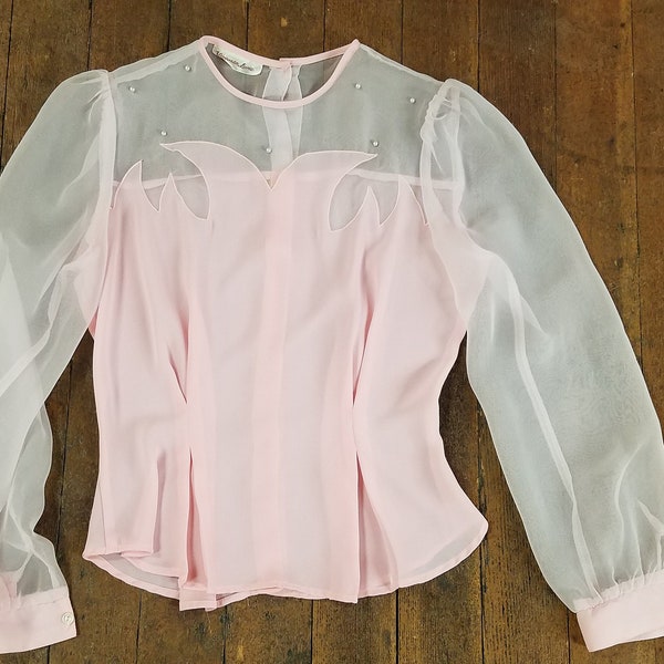 Vintage 1950s Light Pink Gorgeous Delicate Romantic Sheer Chiffon Blouse Top Shirt Victorian Blouson