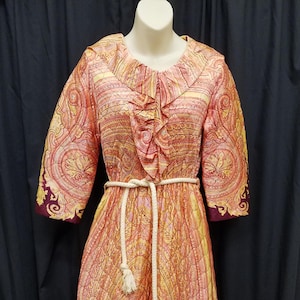 Vtg 1970s Orange Psychedelic Print Mod Romper Wide Leg Quilted Polyester Jumpsuit Lounger, 1 Piece Jumper w Belt. Measurements Below