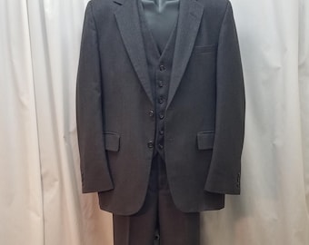 Vintage 1970s American Craftsman Gray Pinstripe Polyester 3 Piece Western Rancher Leisure Disco Suit w Vest, 43, Measurements Below