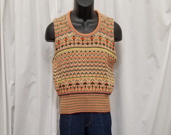 Vintage 1960s Expressions by Campus Cream, Green, Orange, & Yellow Rainbow Patterned 100% Virgin Acrylic Pullover Sweater Preppy Vest