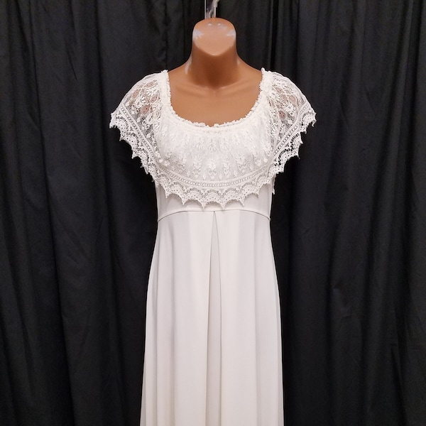 Vintage 1970's Long Cream w Lace Rounded Neck Line and Overlay Designer Boho Dress, Ruffled Romantic Prairie Maxi, Union Made