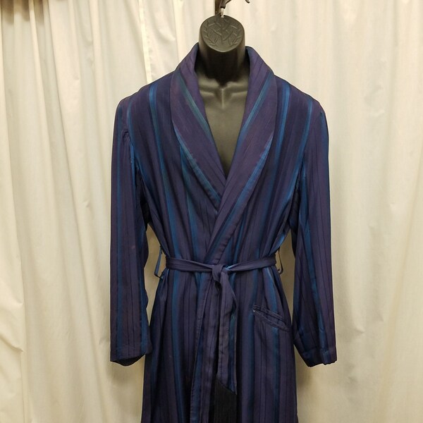 Vintage 1940’s-50's La Salle Navy Blue Rayon Striped Patterned Robe Dressing Gown w Belt Tasseled Loungewear Housecoat Men's