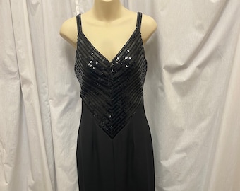 Vtg 1980's Black Acetate Alyce Designs Long Evening Gown Dress w Sequin Detail