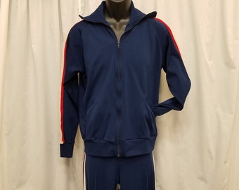 Vintage 1980's Protour Navy Blue w Red & White Stripes Nylon Sweat Suit Tracksuit Jacket Jogging Pants 2 Piece Set Workout Exercise