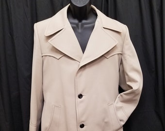 Vintage 1970's Sheplers Vented Khaki Rayon Cotton Western Trench Coat Jacket w Plaid Wool Lining Rancher, Measurements Below