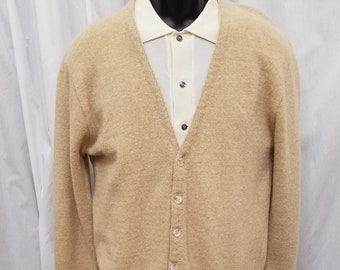 Vintage 1970s Botany 500 Oatmeal W Brown Stripe Button Wool Blend Cardigan Prep Sweater