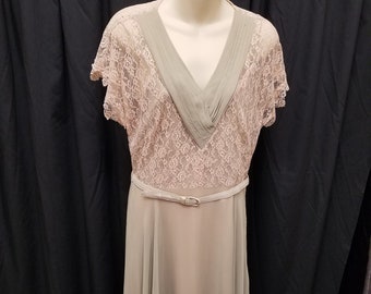 Vintage 1930s Green & Pink Chiffon A-line Dress w/ Lace Overlay, Belt