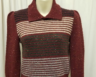 Vintage 1970s Karl Logan Cookies Burgundy Sweater Shirt Top, Acrylic Wool, Striped, Patterned Pullover