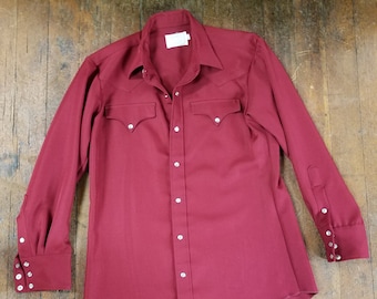 Vintage 1970s H Bar C Ranch Wear Long Tail Rockabilly Cowboy Western Burgundy Thick Polyester w Unique Pearl Snaps Shirt Top