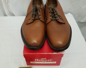 NIB Vintage 1960's Deadstock USA Hanover Shoes Leather Brown Oxfords Lace Up Mens 11D/B w Original Leather Creme