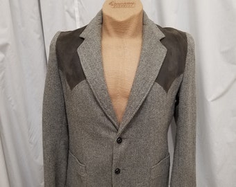 Vintage 1980s Brad Whitney Gray Herringbone Wool w Suede Accents Western Cowboy Jacket Sports Coat Blazer