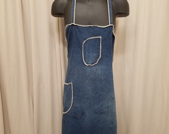 Vintage 1940's Dark Blue Denim Bib Apron, Workwear, Selvedge Distressed Denim Clothing