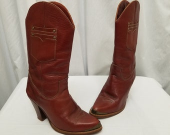 Vintage 1980s Zodiak Brown Leather Mid Calf Cowgirl Boots w Pocket Ladies Size 6 1/2, Stacked Wood Heel, Western Hippie Boho Workwear Rodeo