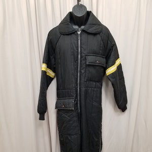 Vintage 1970&#39;s JC Penny Snowmobile Warm Winter Snow Suit Unisex Black w Yellow Stripes, Pockets, Zippers. Measurements Below