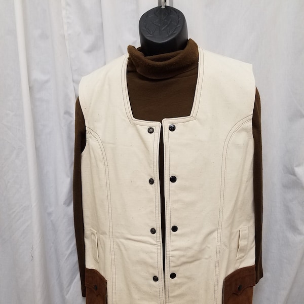 Vintage 1970's Silton California Off-White Khaki Canvas Vest w Brown Stitch Detail & Suede Pockets, Satin Lined Western Vest Cowboy Rancher