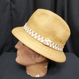 Vtg 1950s Borsalino Union Made Gold Thick Woven Straw Smart Fedora Hat 7 1/4 with Patterned Hatband