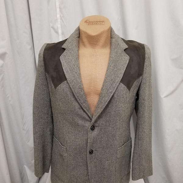 Vintage 1980s Brad Whitney Gray Herringbone Wool w Suede Accents Western Cowboy Jacket Sports Coat Blazer