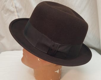 1950s Stetson Royal Stetson Fedora | Chocolate Brown Snap Brim Felt Fedora Hat with Ribbon Band | Size 7 3/8, Original Box!
