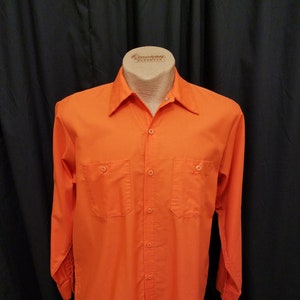 Vintage 1970s Red Kap Touchtex Orange Work Shirt Workwear Made In USA | Button Down Long Sleeve Shirt, Chest 48. Measurements Below