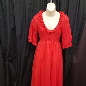 Vintage 1960s Bright Red Nylon Chiffon Sheer Satin 2-Piece Nightgown & Robe Set. Measurements Below