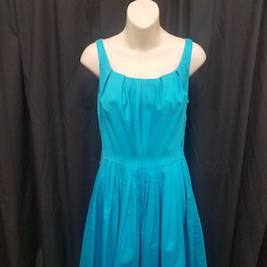 Vintage 1950-60s Teena Paige Turquoise Blue Cotton Party Dress Summer Sun Dress  w Side Zipper. Measurements Below