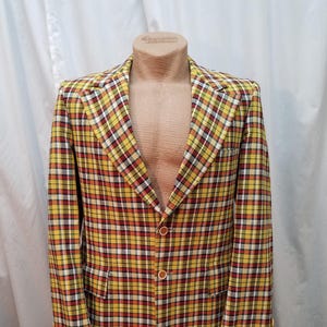 VTG 1960s Curlee dubbel geventileerd geel, zwart, oranje geruite katoenen structuur sportjas blazerjas met glans, zakken 40. onderstaande afmetingen
