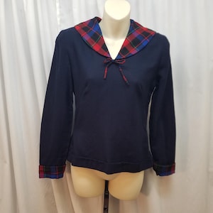 Vtg 1940s Navy Cotton Long Sleeved Blouse w Red & Navy Plaid Sailor Nautical Neckline, Side Zipper. Measurements below.