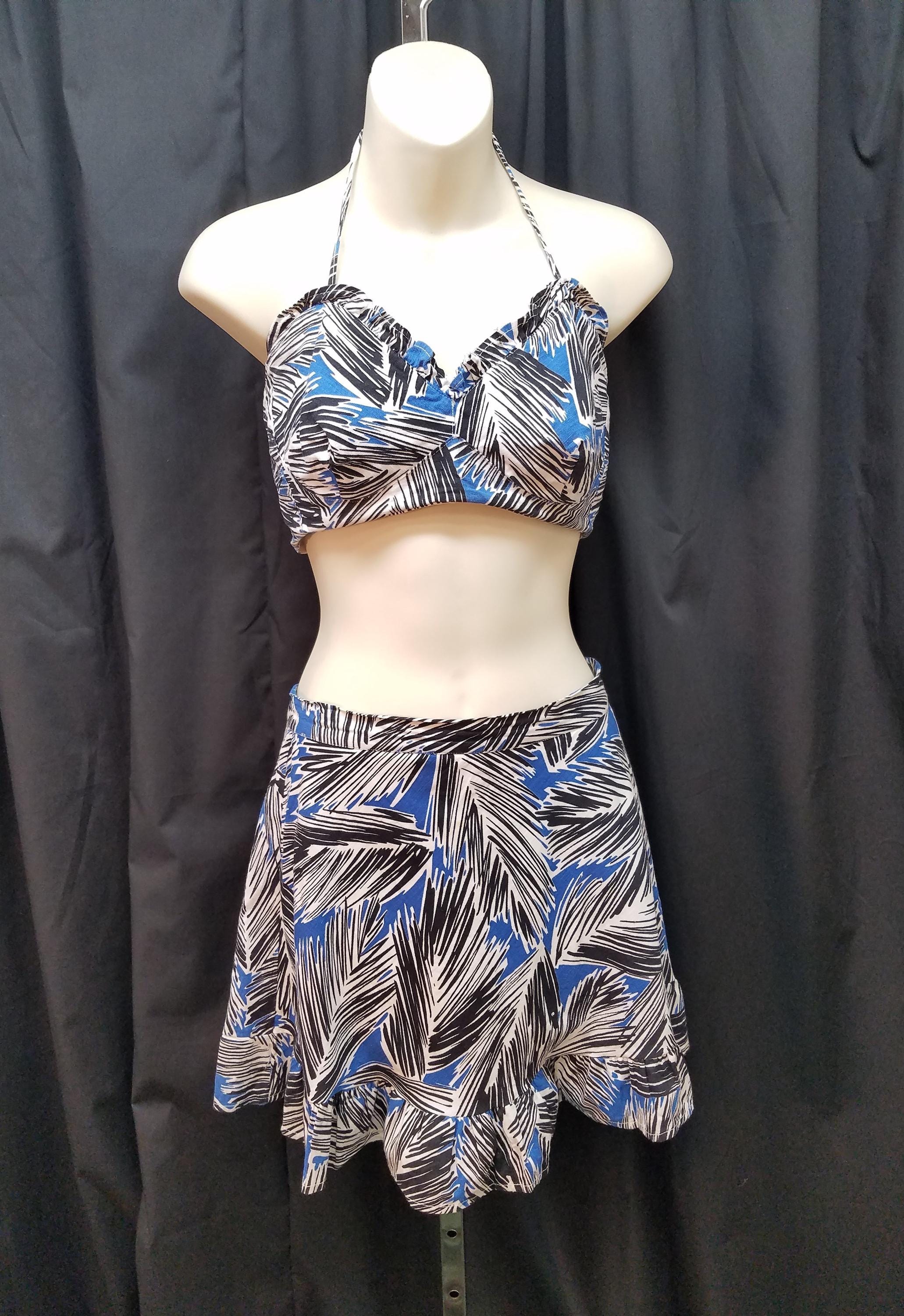 Vtg 50s Deauville White, Black, & Blue Print 2 Piece Playsuit Swimsuit Halter Bathing Beachwear Romper Poolside Swimwear. Measurements Below
