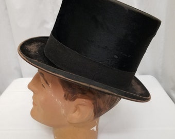 Antique Edwardian 1890's Black Elegant Beaver & Silk Top Hat