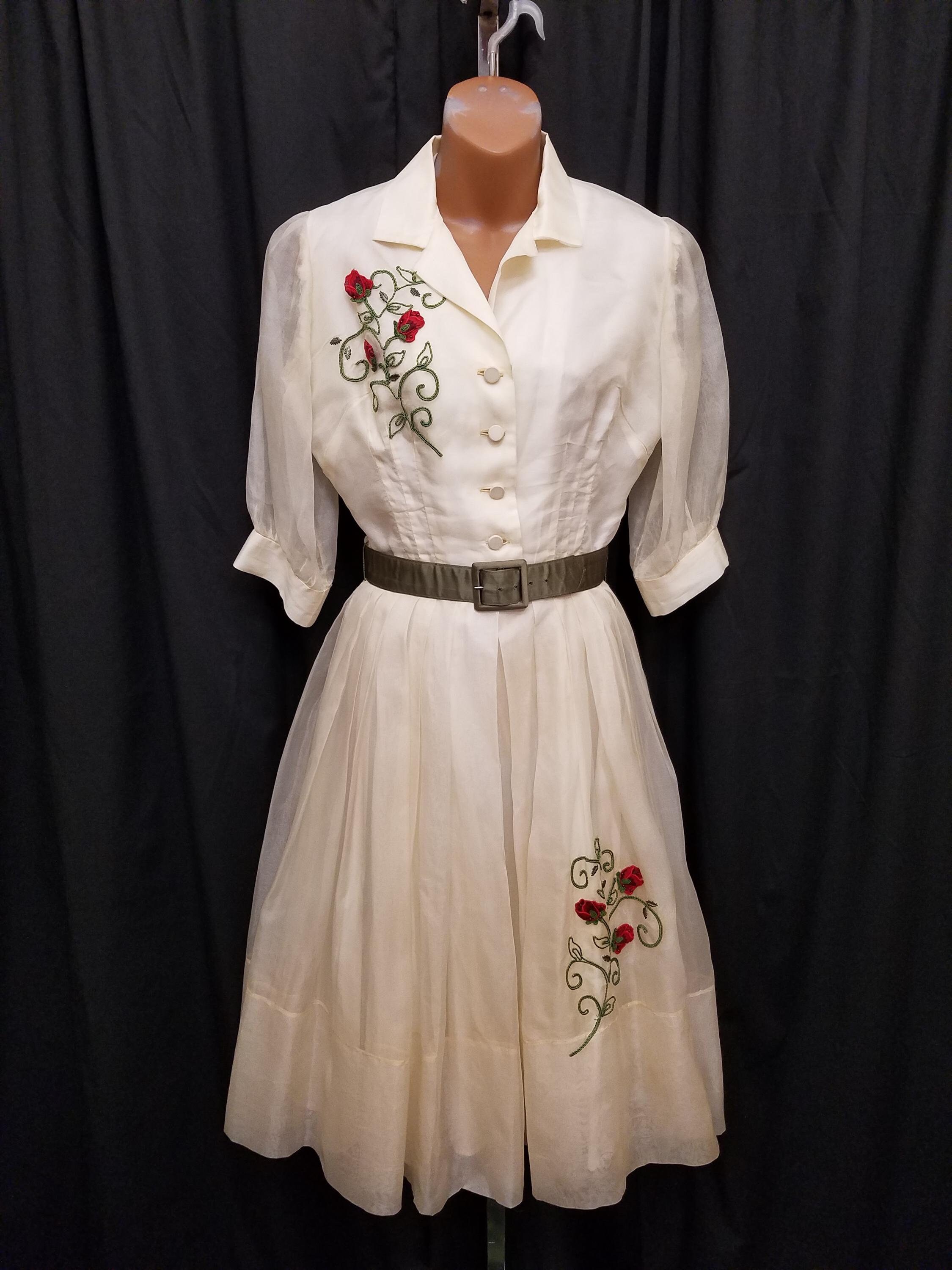 パーティードレス Printed Organdy Finished Dress 1930s Organdy Dress / 1930s Ivory Organdy Gown Over Blue