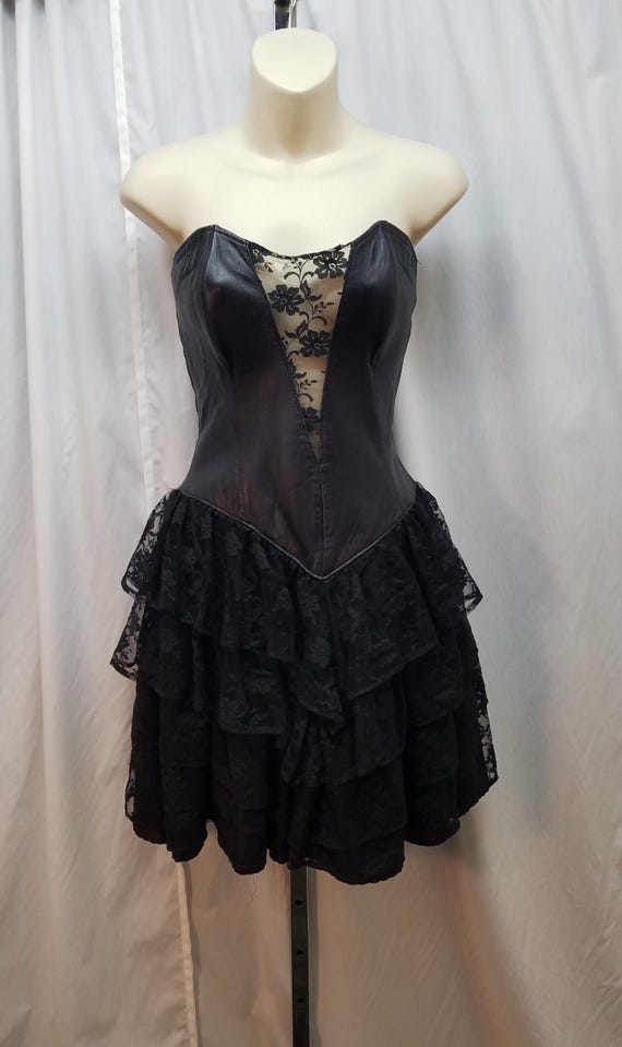 Vtg 1980s Firenze Santa Barbara Leather Corset Black Lace Layered Strapless Dress Sweetheart Neckline, Measurements Below