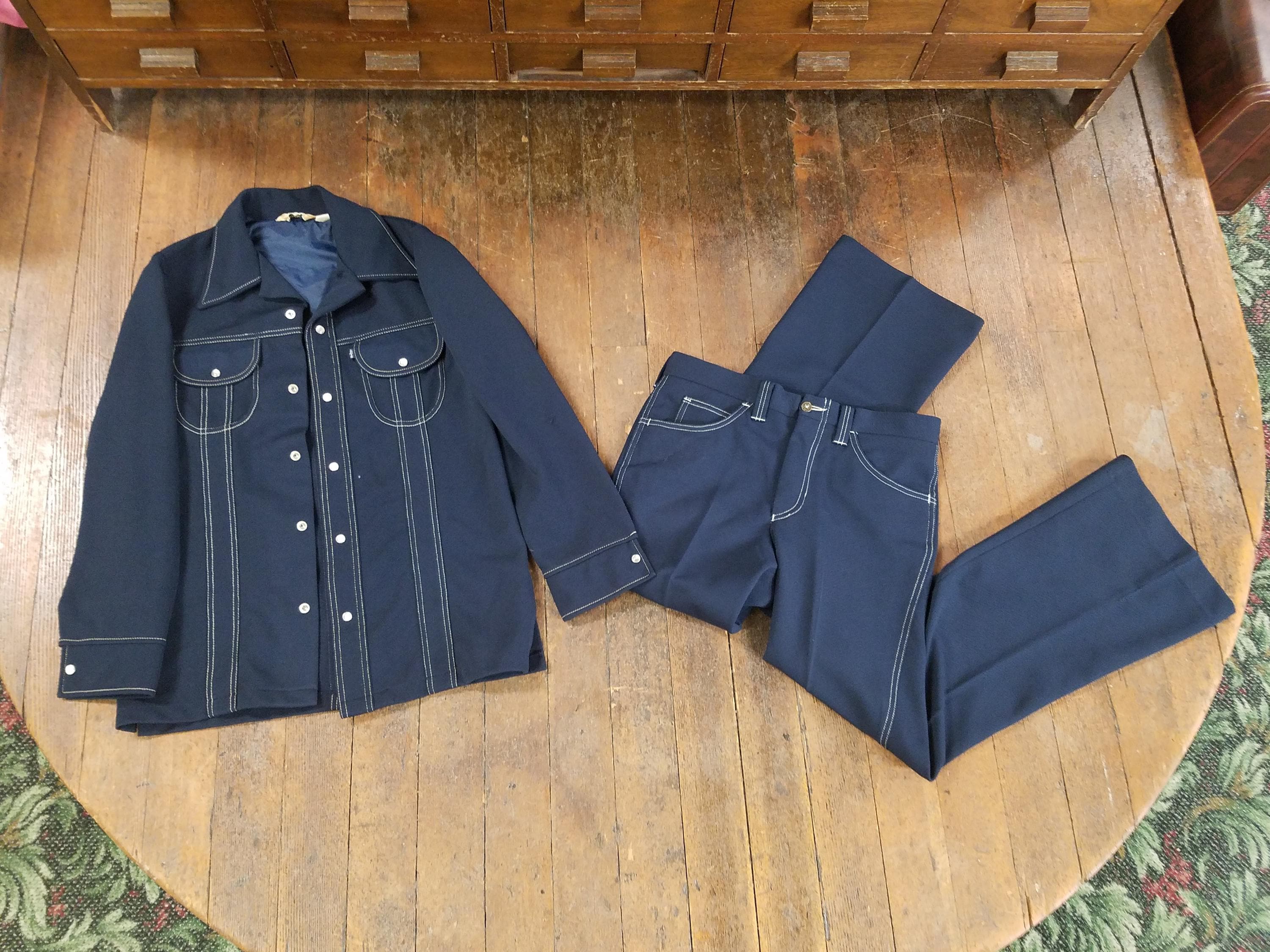 Vtg 1970s Levi's Panatela Navy Polyester 2 Piece Western