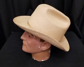 Vtg 1970s Stetson Genuine Panama Straw Cowboy Western Boater Rancher Hat 7 1/4 w Silver Stetson Hat Pin