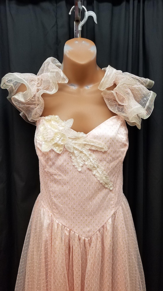 loralie prom dresses Loralie Originals Pink Princess Dress / 70s 80s Vintage Gown / Metallic Fuchsia Pink / White Lace Ruffle / Victorian Southern Belle Bo Peep