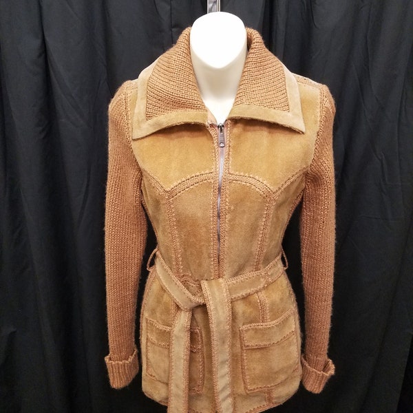 Vintage 1960-1970's Brown Cowhide Leather & Suede Women's Belted Jacket/Sweater
