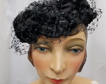 Rare Vintage 1960s CLOVER LANE Designer Black Halo Hat Embellished with Raffia, Netting, & Ribbon Derby Hat