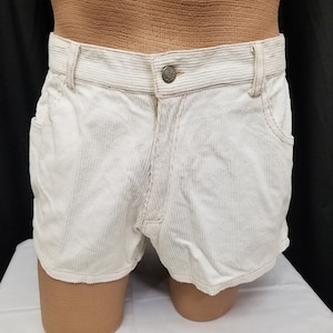 Vintage 1970s Men's International Male Cream Corduroy Surf Trunks Beach Shorts Swim Bathing Suit Briefs Swimsuit. Measurements Below
