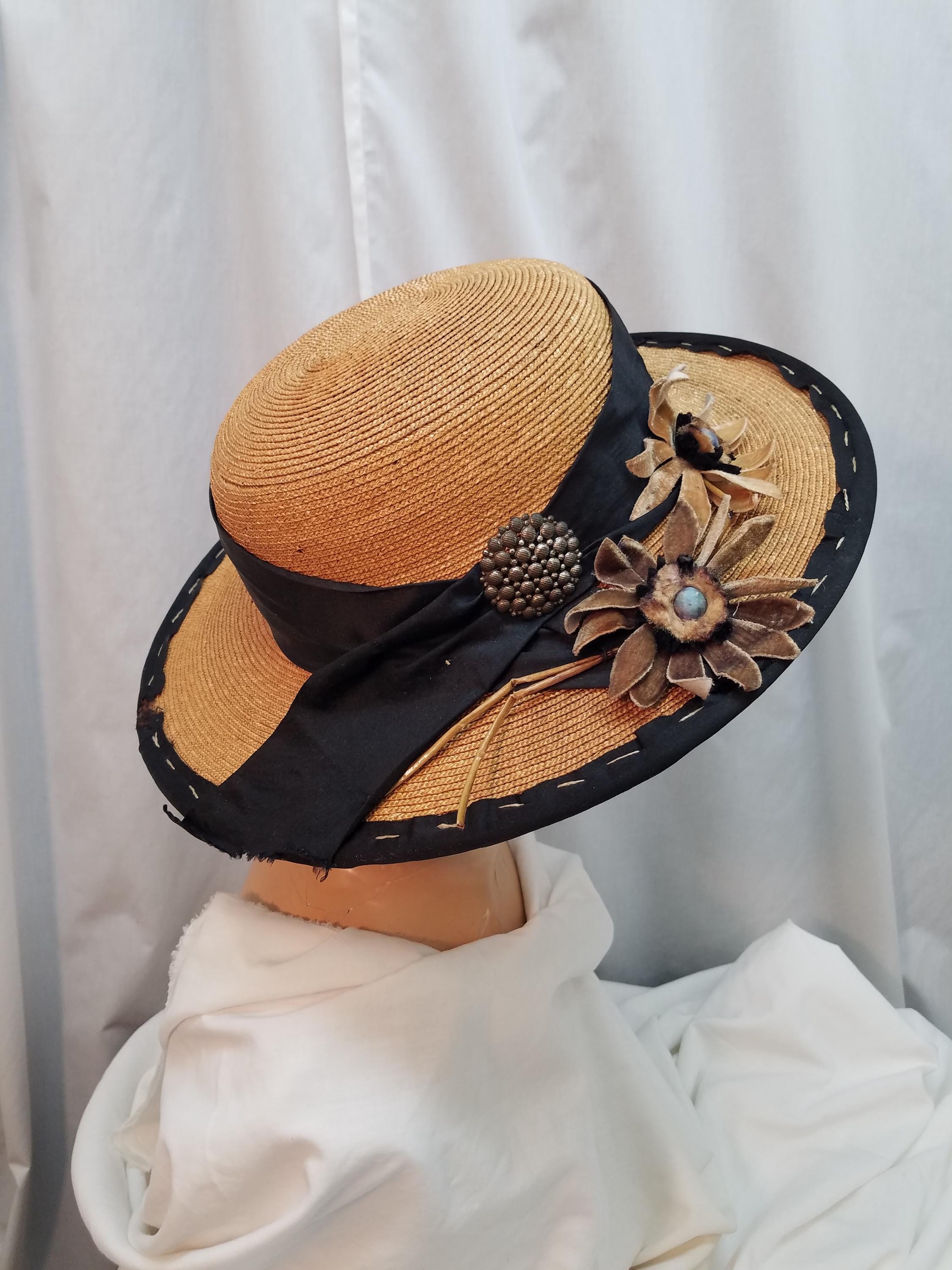 Classic Tan Straw Hat with Black Flower Accent Victorian Hat Tea Party Sun Hat Lace Ribbons Straw Hats  main image 2
