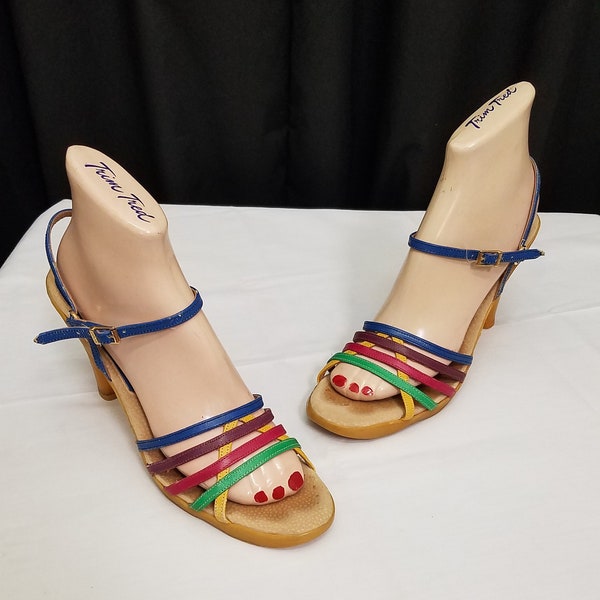 Rare Vintage 1970's Famolare Hi Up Made in Italy Rainbow Leather Wedge Wavy Sole Sandals Shoes