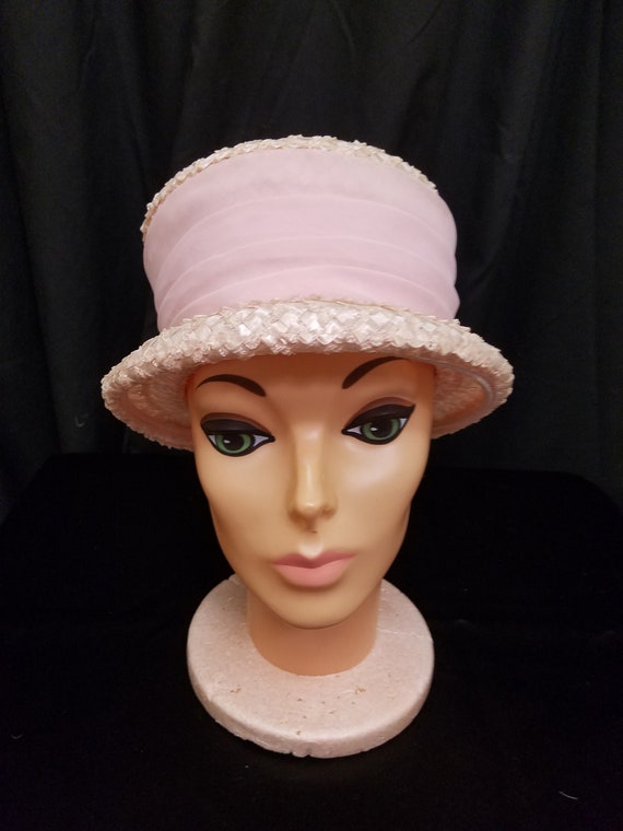 Vintage 1950s Cutts Pink Woven Straw w Pink Ribbo… - image 1