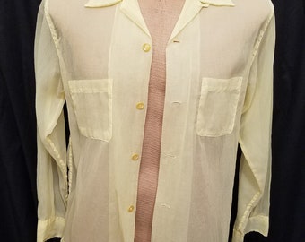 Vintage 1960's Campus 100% Nylon Sheer Yellow Button Down Long Sleeve Shirt w Pockets