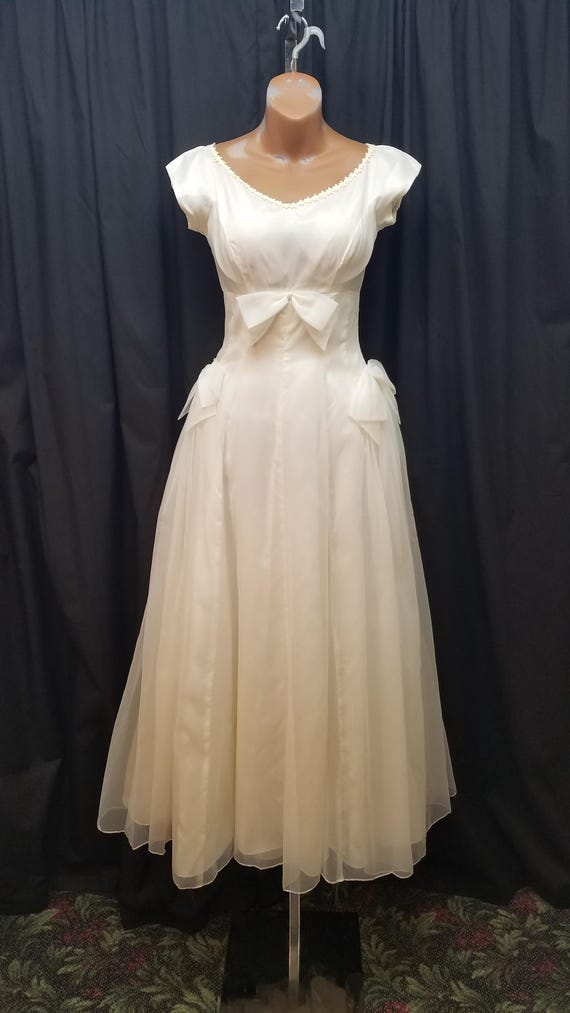 formal dresses san francisco Vtg Rare 1950s Lorrie Deb White Satin & Chiffon Designer Wedding Dress Princess Fairytale, S, Measurements Below high low prom dresses