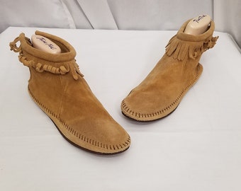 Vintage Moccasins Light Brown Suede Back Zip Fringe Boots Booties, Women's Size 8