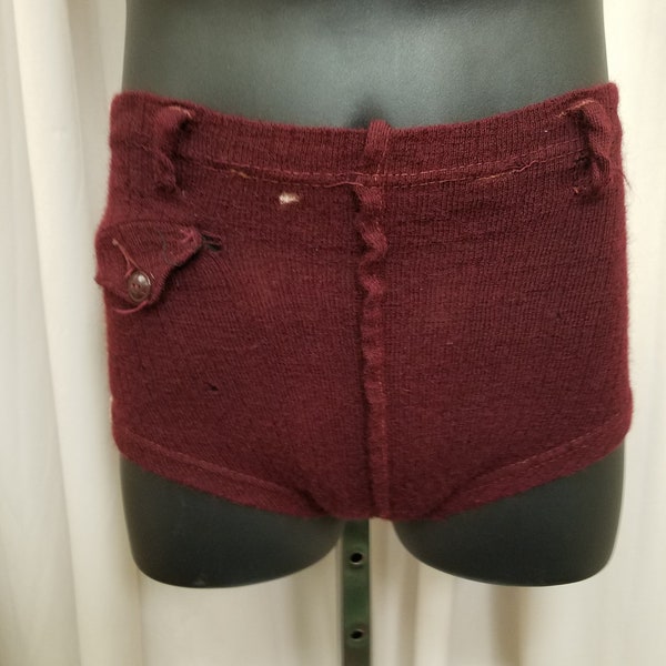 Vintage 1940s Authentic Burgundy Maroon 100% Wool Men's Bathing Suit Swimsuit Trunks Briefs, Rare