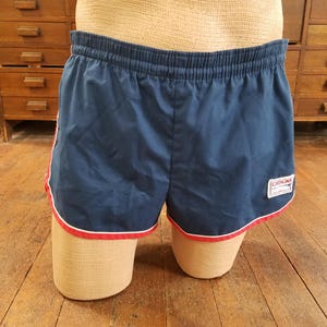 Vintage 1970s Catalina Men&#39;s 38 Cotton Surf Trunks Navy w White & Red Stripes Beach Shorts Swim Bathing Suit Briefs Swimsuit Adjustable