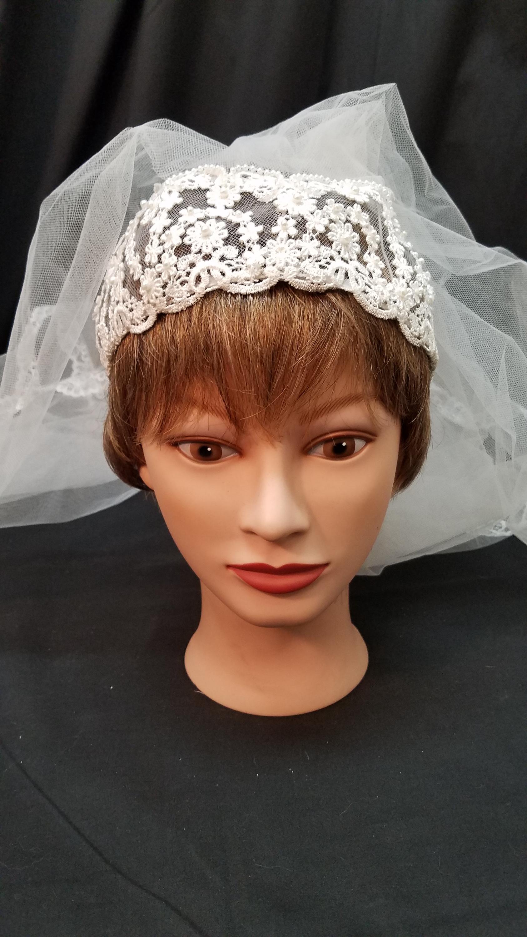 Vintage 1980s Beaded Bridal Headpiece & Veil • Pearls • Lace Trim VINTAGE Bridal Veil Wedding Tulle Headpiece Tiered Pearls  main image 2