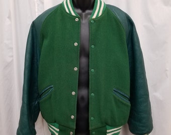 Vintage 1980s Trophy Jacket Meca Sportswear Green Letterman Jacket Sports Coat High School Varsity