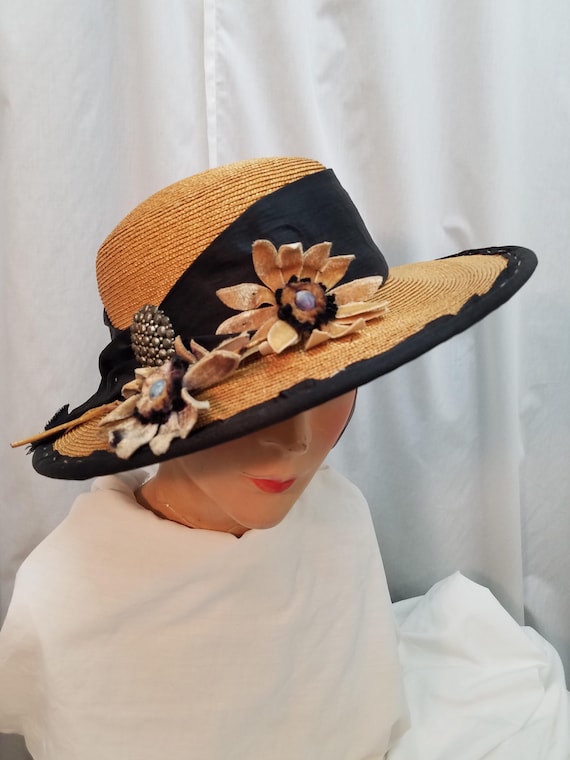Authentic Edwardian Straw Hat: Tan Traveling Cap With Felt 