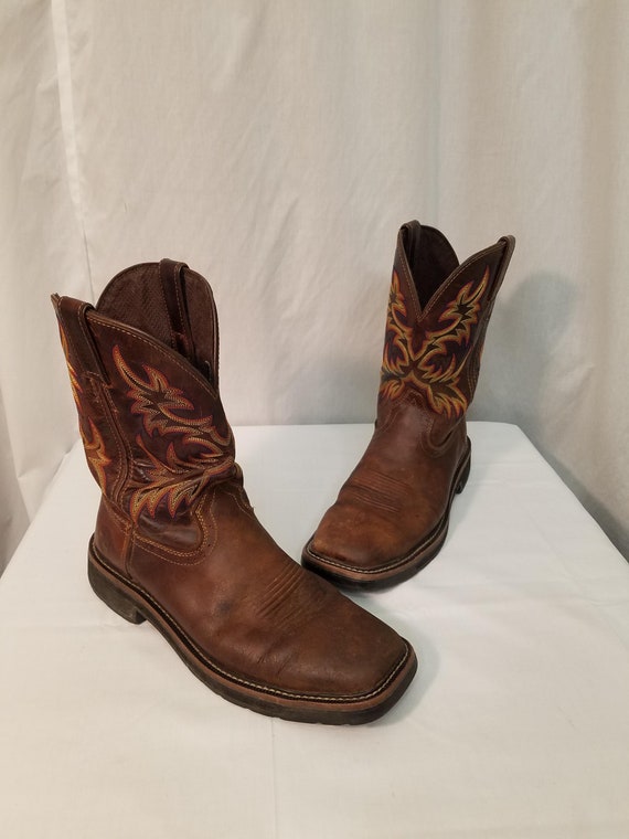 Vtg 1970s Justin Dark Brown w Red Yellow Stitching Leather Mid